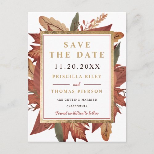 Rustic gold fall floral watercolor save the date announcement postcard