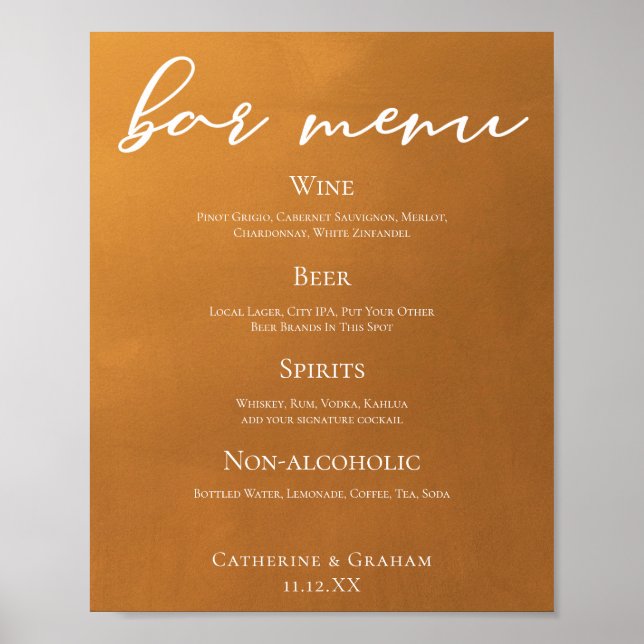 Rustic Gold Fall Wedding Personalized Bar Menu Poster (Front)