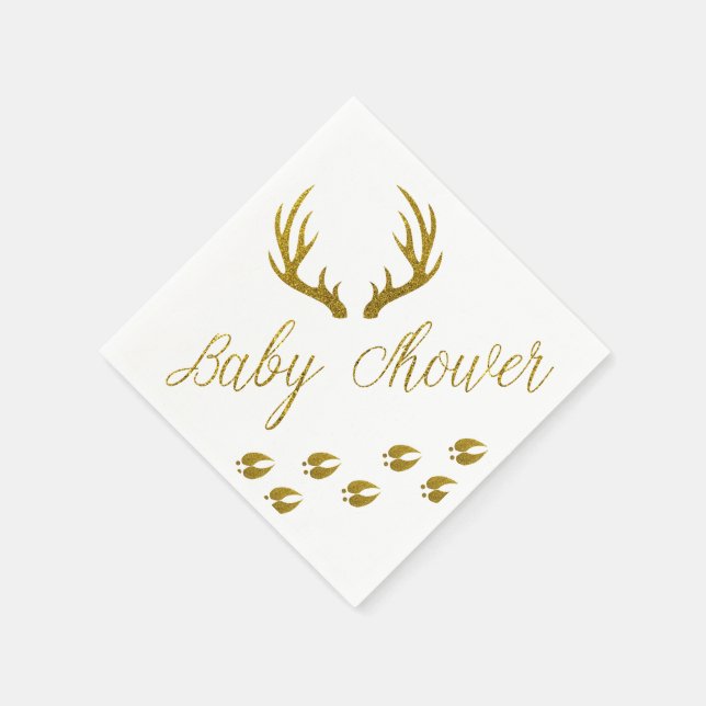 Rustic Gold Faux Glitter Deer Antlers Baby Shower Napkins (Corner)