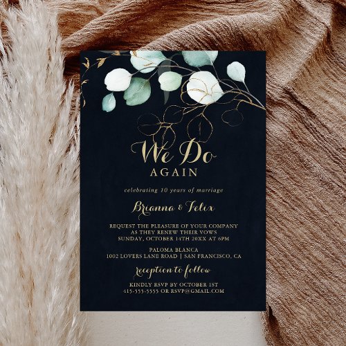 Rustic Gold Floral Blue We Do Again Vow Renewal  Invitation
