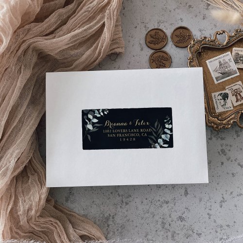 Rustic Gold Floral Blue Wedding RSVP Address Label