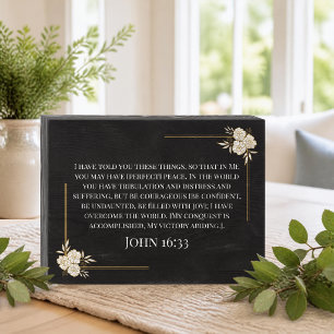 Rustic Gold Floral Frame w/ Bible Verse John 16:33 Wooden Box Sign