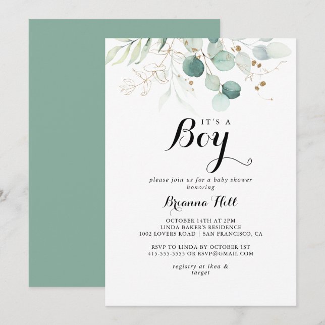 Rustic Gold Floral It's A Boy Baby Shower Invitation (Front/Back)
