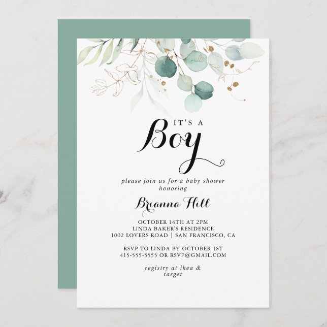 Rustic Gold Floral It's A Boy Baby Shower Invitation (Front/Back)