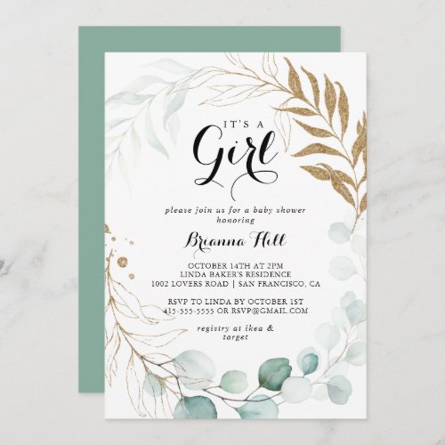 Rustic Gold Floral Its A Girl Baby Shower Invitation
