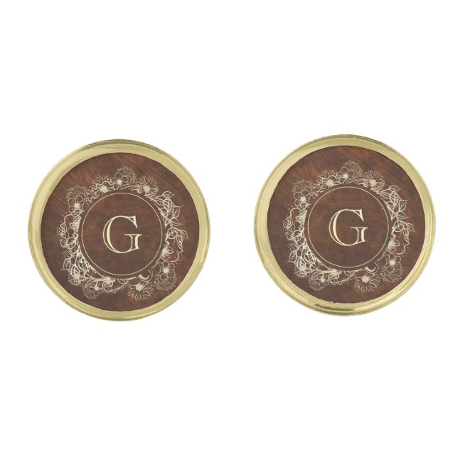 Rustic Gold Floral Monogram Wedding Cufflinks (Front)