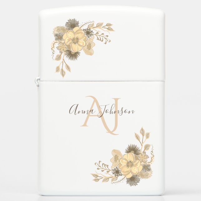 Rustic Gold Floral Name Monogram Zippo Lighter (Front)