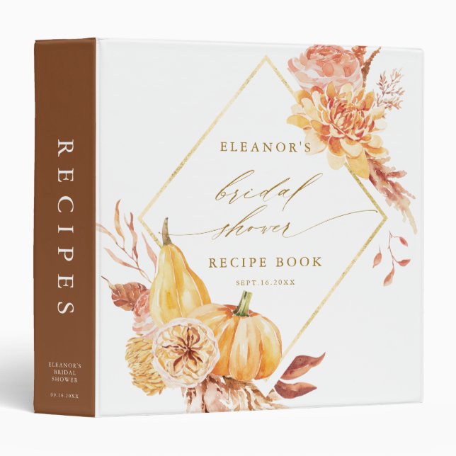Rustic Gold Floral Pumpkin Bridal Shower Recipe 3 Ring Binder (Front/Spine)
