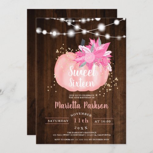 Rustic gold floral pumpkin lights fall Sweet 16 Invitation