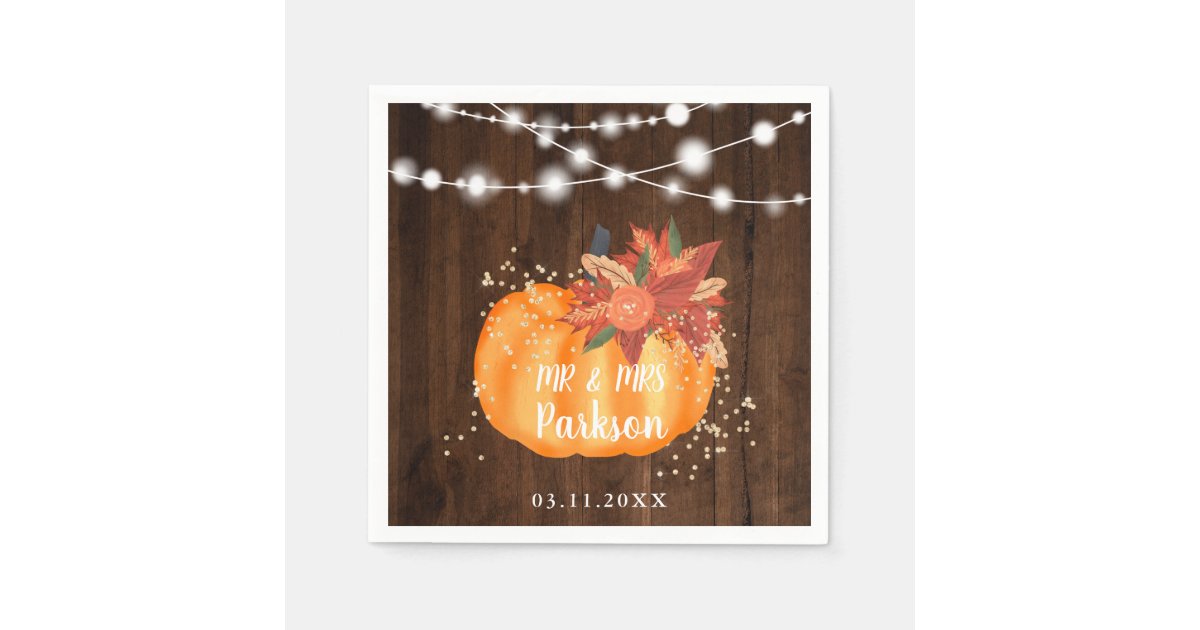 Rustic Gold Floral Pumpkin Wood Light Fall Wedding Napkin Zazzle Com