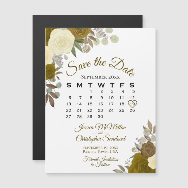 Rustic Gold Floral Save the Date Calendar Magnet (Front/Back)