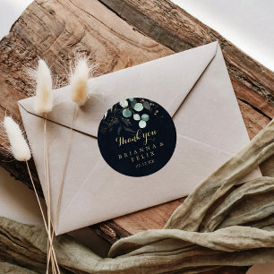 Rustic Gold Floral Thank You Blue Wedding Favor Classic Round Sticker