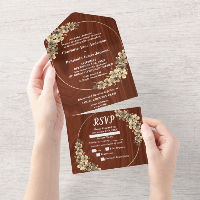 Rustic Gold Floral Wedding All in One Invitation (Tearaway)