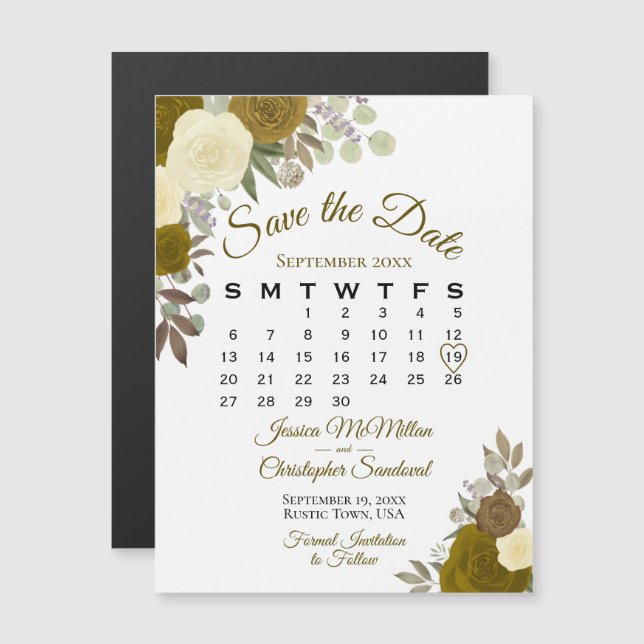 Rustic Gold Floral Wedding Save the Date Calendar Magnetic Invitation (Front/Back)