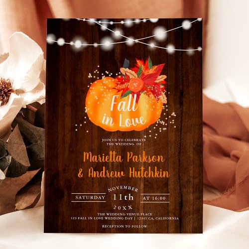 Rustic gold floral wood light fall in love wedding invitation