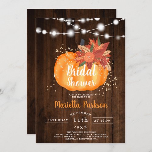 Rustic gold floral wood lights fall bridal shower invitation