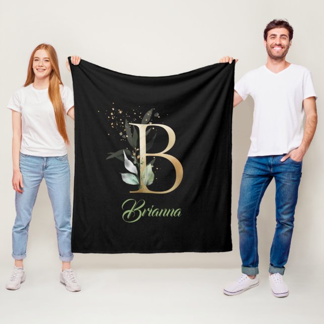 Rustic gold foil B monogram greenery eucalyptus Fleece Blanket (In Situ)