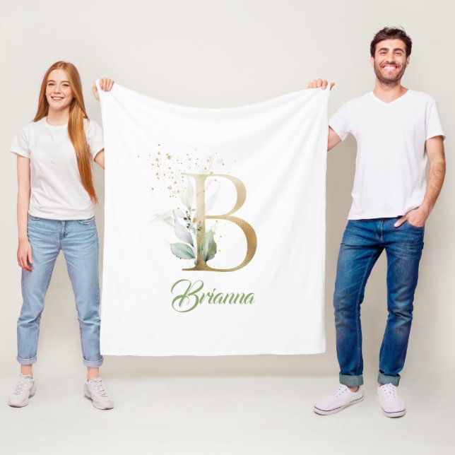 Rustic gold foil B monogram greenery eucalyptus  Fleece Blanket (In Situ)