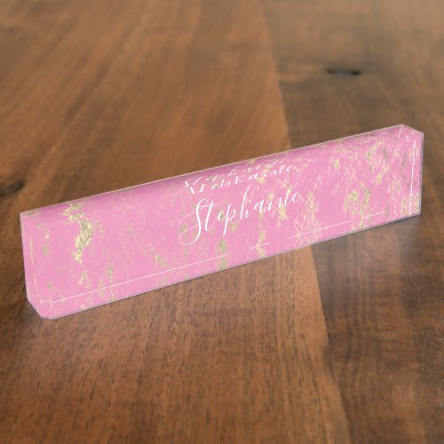 Rustic Gold Foil Patterns Monogram Pink Cute Girly Desk Name Plate