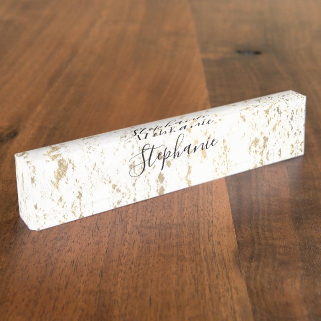 Rustic Gold Foil Patterns Monogram White Glittery Desk Name Plate (Side)