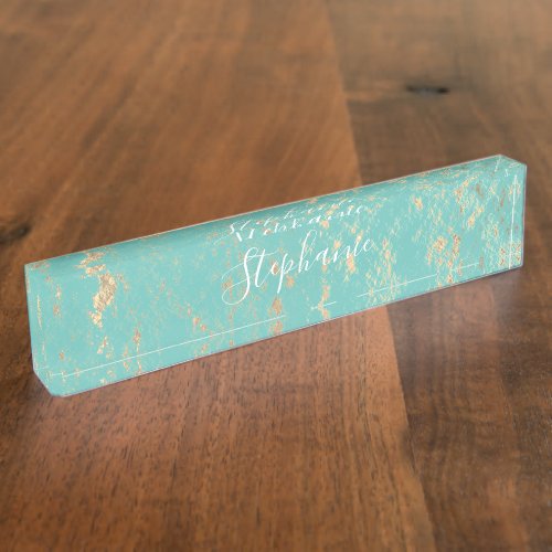 Rustic Gold Foil Patterns Monograms Turquoise Blue Desk Name Plate