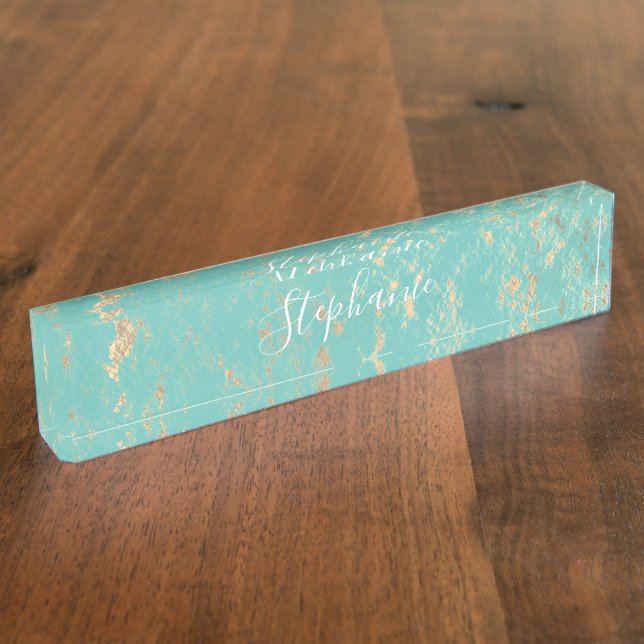 Rustic Gold Foil Patterns Monograms Turquoise Blue Desk Name Plate (Side)