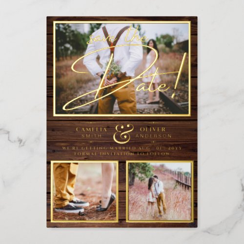 Rustic GOLD FOIL Photo Collage Wood Save the Date  Foil Invitation