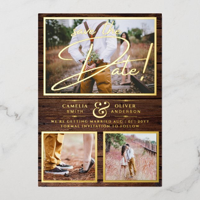 Rustic GOLD FOIL Photo Collage Wood Save the Date  Invitation (Front)