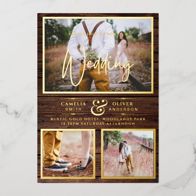 Rustic GOLD FOIL Photo Collage Wood Wedding Invitation (Front)