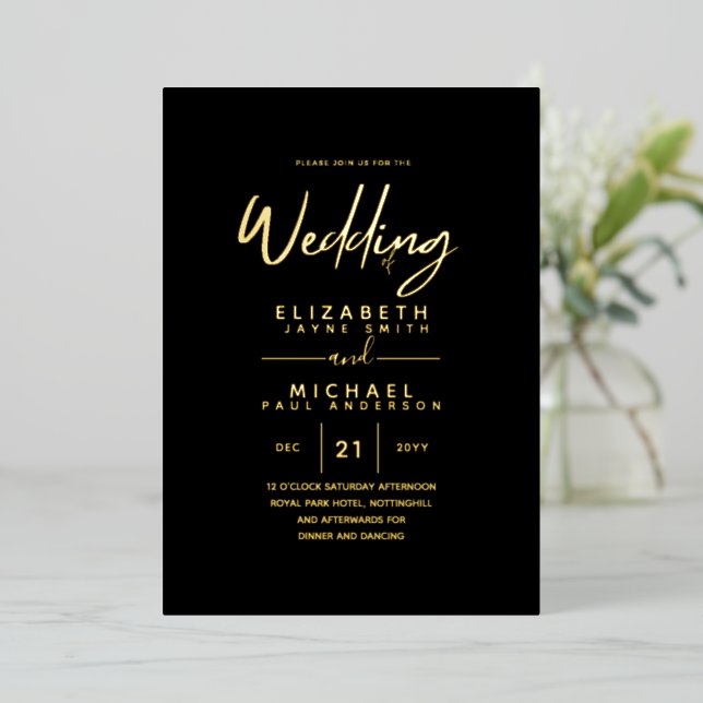 Rustic GOLD FOIL Text Black Wedding Elegant Foil Invitation (Standing Front)