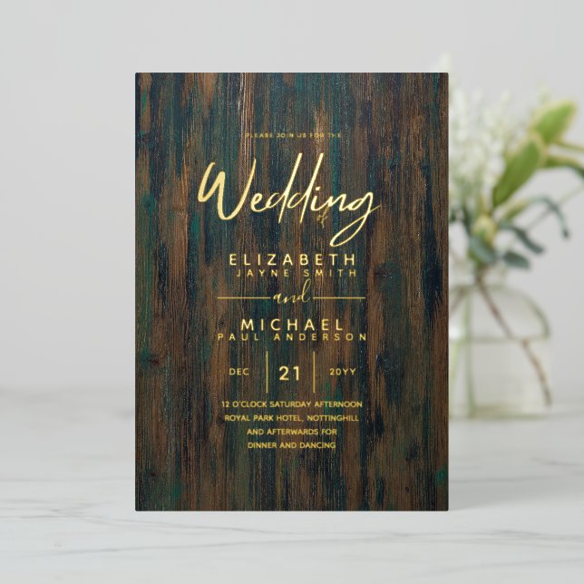 Rustic GOLD FOIL Text Wood Look Wedding Elegant Fo Foil Invitation (Standing Front)