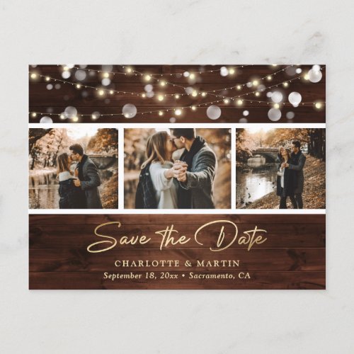 Rustic Gold Foil Wood Wedding Photo Save The Date Announcement Postcard