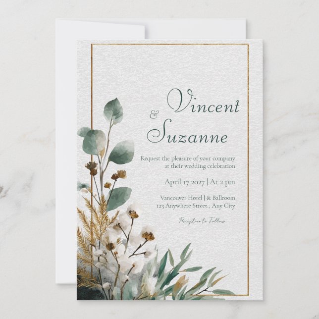 Rustic Gold Frame Eucalyptus Orchid Botanical Invitation (Front)