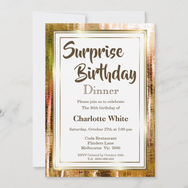 Rustic Gold Frame Surprise 30th Birthday Dinner Invitation (Front)