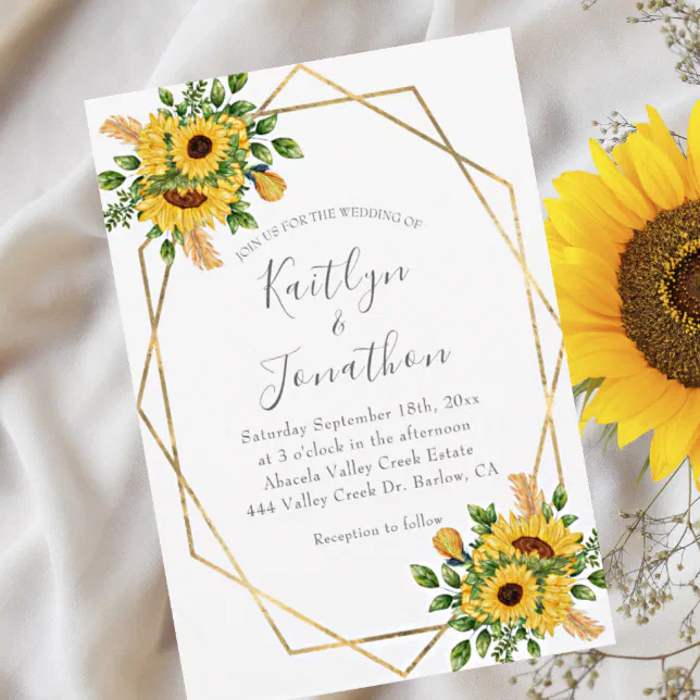 Rustic Gold Geometric Floral Sunflower Invitation | Zazzle