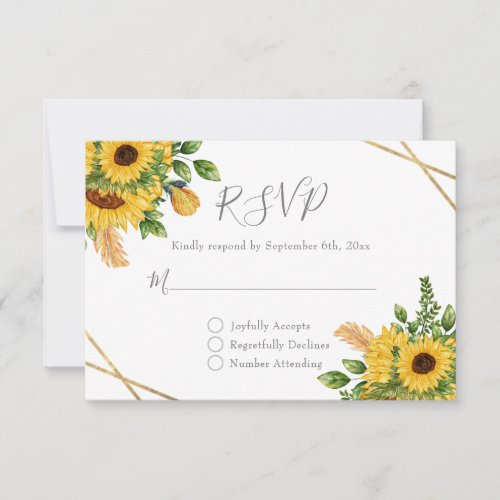 Rustic Gold Geometric Floral Sunflower RSVP Card
