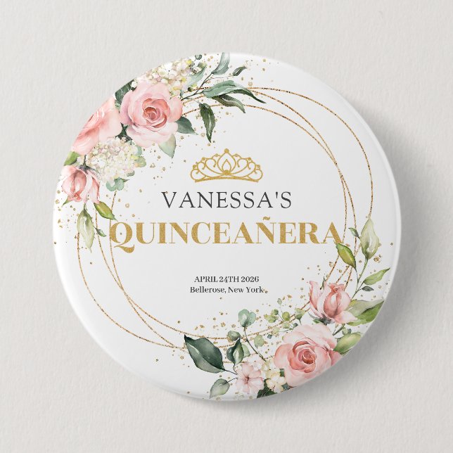 Rustic gold glitter blush roses green 15th b-day button (Front)