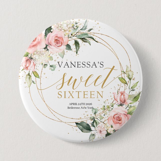 Rustic gold glitter blush roses green 16th b-day button (Front)
