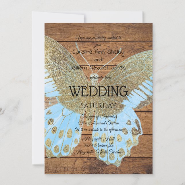 Rustic Gold Glitter Butterfly Wedding Invitation (Front)