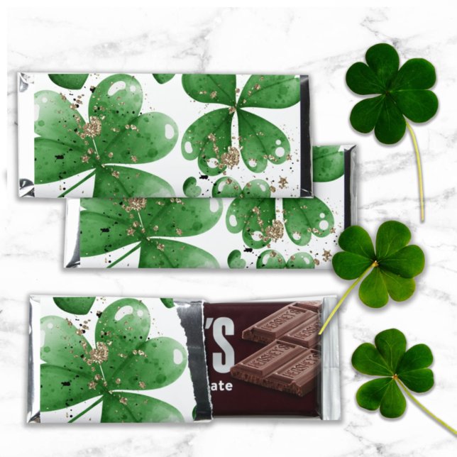 Rustic Gold Glitter Clover Shamrock Green Custom Hershey Bar Favors (Creator Uploaded)
