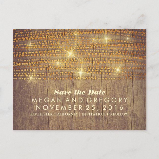 rustic gold glitter confetti lights save the date announcement postcard (Front)