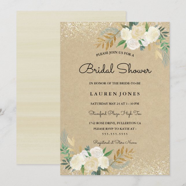 Rustic Gold Glitter Floral Bridal Shower Card (Front/Back)