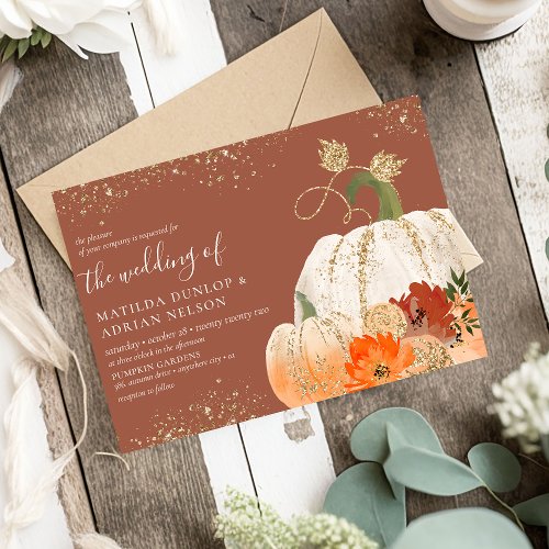 Rustic Gold Glitter Floral Pumpkin Wedding Invitation