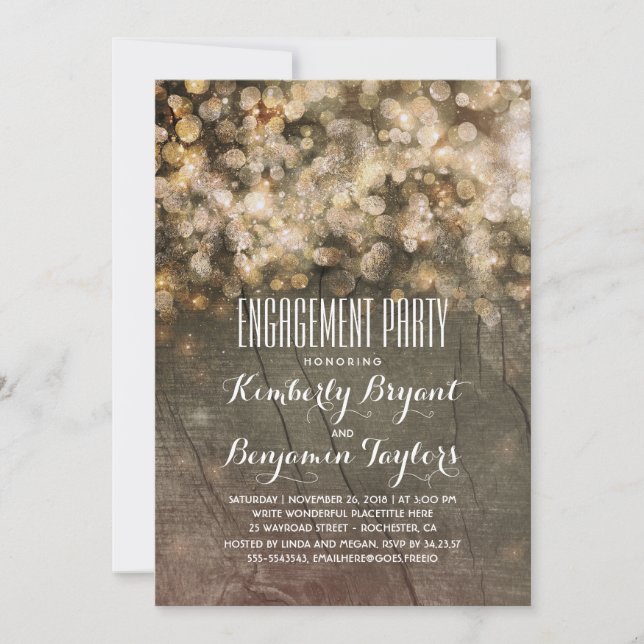Rustic Gold Glitter Lights Wood Engagement Party (Front)