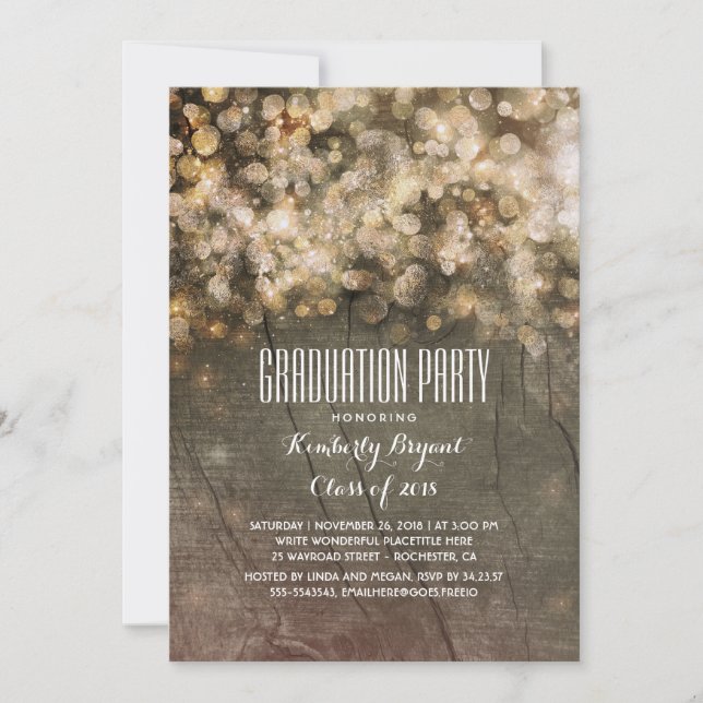 Rustic Gold Glitter Lights Wood Graduation Party Invitation (Front)