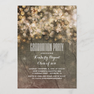 Rustic Gold Glitter Lights Wood Graduation Party Invitation