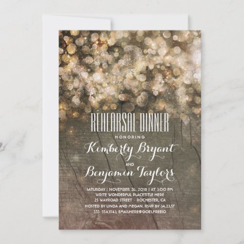 Rustic Gold Glitter Lights Wood Rehearsal Dinner Invitation - The rustic barn wood and the romantic gold glitter string lights rehearsal dinner invitations.