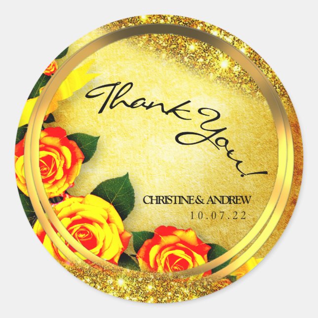 Rustic Gold Glitter Roses Thank You Wedding  Classic Round Sticker (Front)