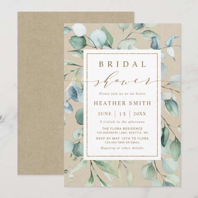 Rustic Gold Green Botanical Bridal Shower Invitation (Front/Back)