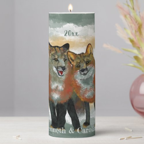 Rustic Gold Green Foxes Forest Pillar Candle